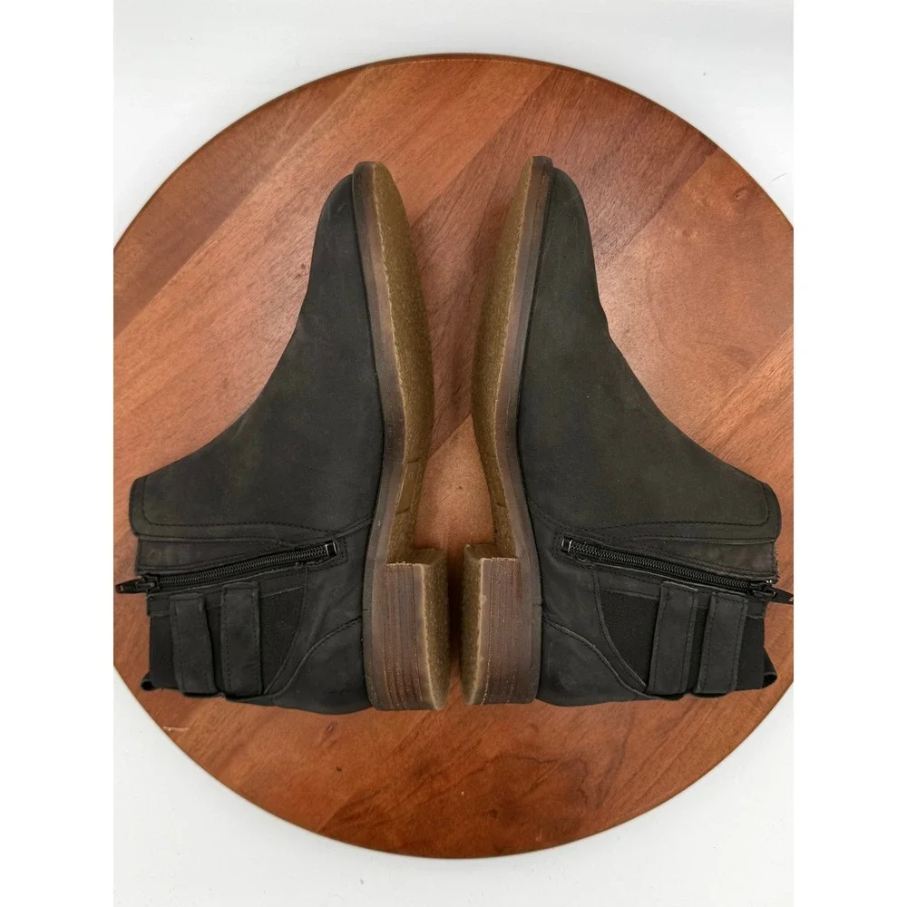 Fat Face Black Leather Buckle Ankle Boots Zip Up Womens 8.5 Boho Western Classic